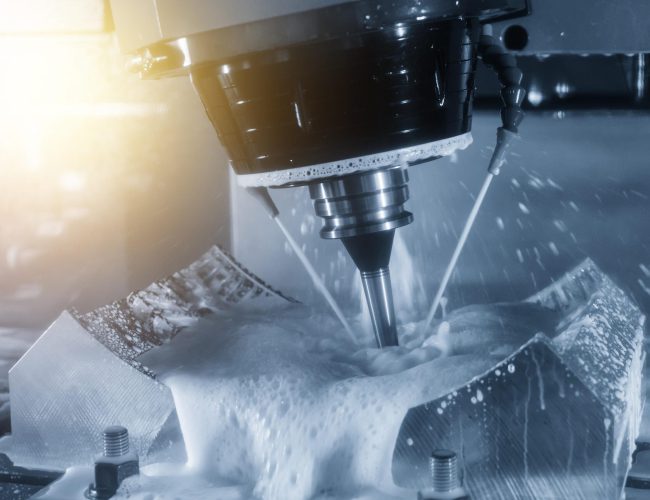 The abstract scene of  5-axis CNC Machining center cutting the automotive part.The Tyre mold  part manufacturing process by 5-axis CNC machine